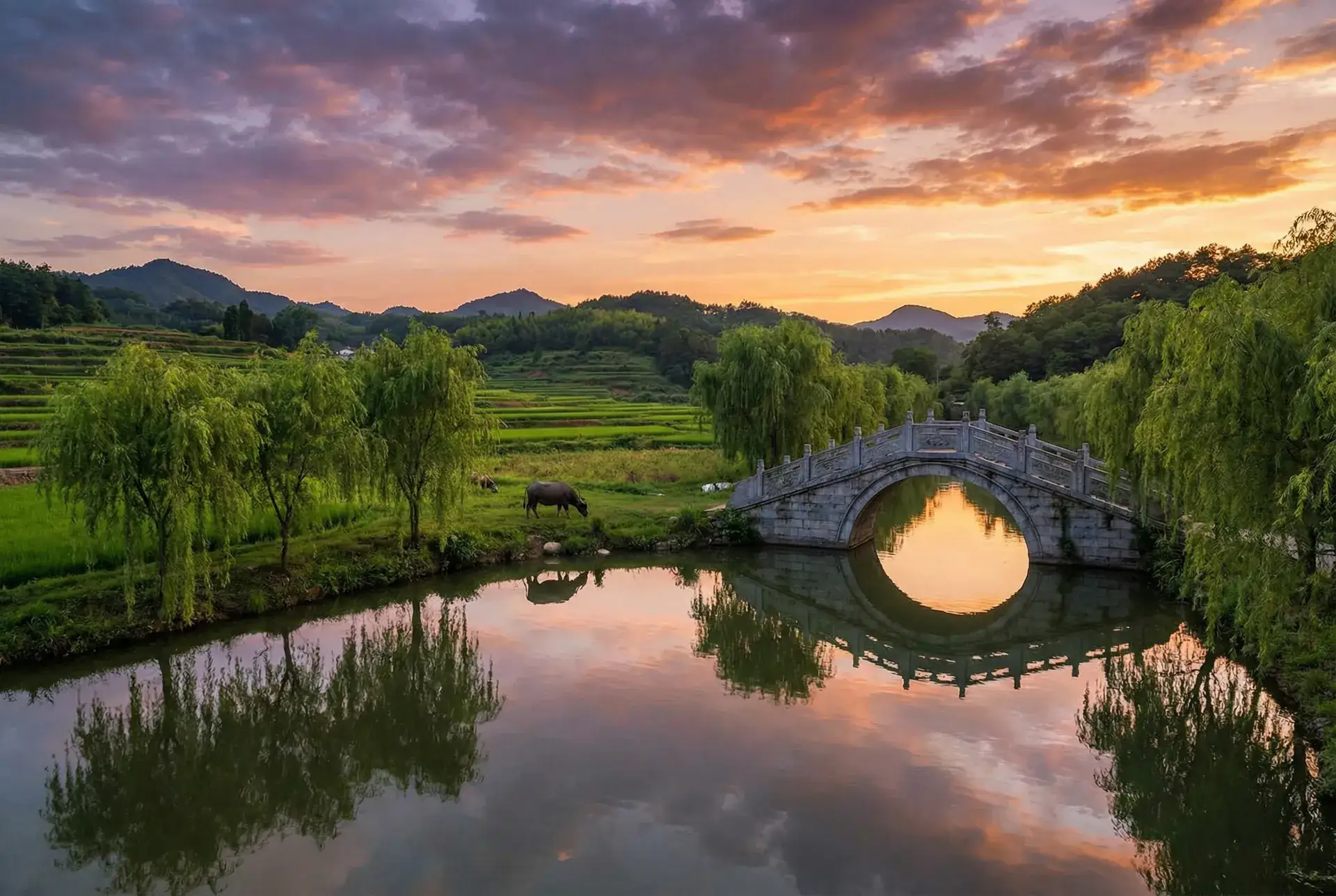 夕阳下的石拱桥与垂柳，水牛在河边吃草 - 暧昧专家 乡村美景